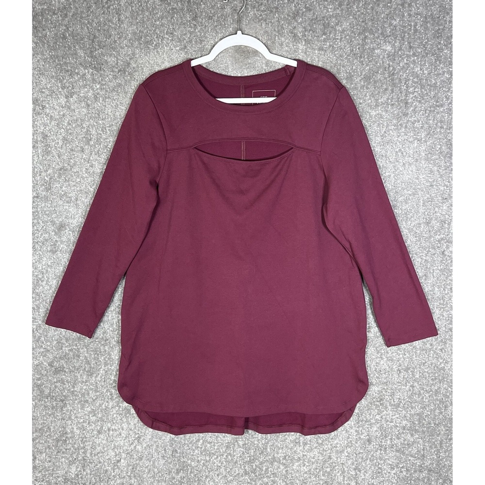 See ROSE Go Peek-A-Boo Tunic Top Womens Size 1X Burgundy Long Sleeve Split Cuff
